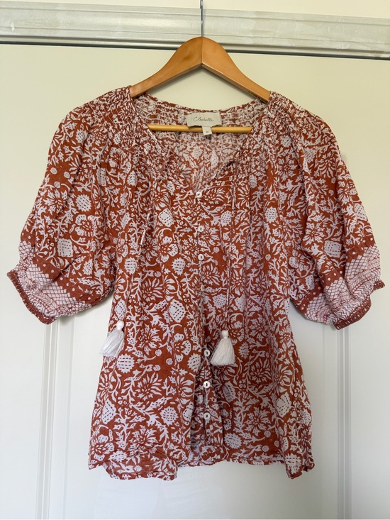 Cleobella Tops - Cleobella Rust Floral Peasant Blouse with Tassel Ties